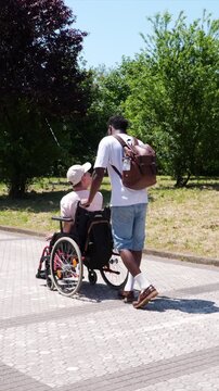 Young african american man pushing a person in a wheelchair along a sunny park path, showing compassionate caregiving, friendship, mobility and inclusive outdoor activity