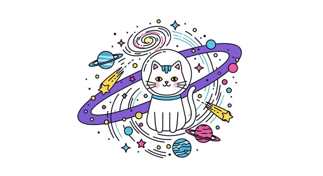 Cute cat astronaut in outer space surrounded by planets, stars, and nebulae