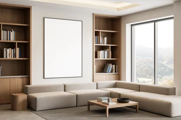 Fototapeten Restaurant Modern interior design living room with empty wall poster mockup, wooden shelves and large window creating serene architecture ambiance. 3D Rendering  © ImageFlow
