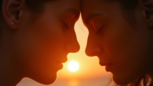 Close-up of foreheads touching, eyes closed, warm sunset backlight
