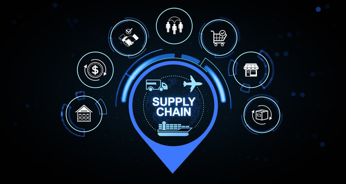 Supply chain logistics infographic with glowing transport, warehouse, finance, delivery and retail icons arranged across a futuristic digital interface background. 3D Rendering