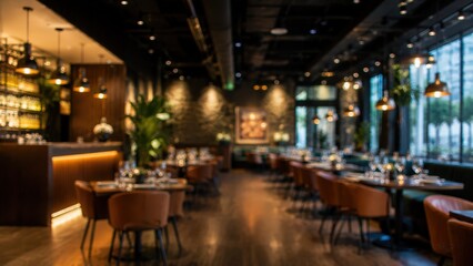 Fototapeta premium blurred modern luxury restaurant interior, warm ambient lighting, elegant bar and dining area with leather seating.