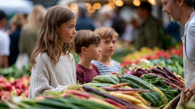 Vibrant colorful market vendor stall loaded with autumn harvest produce, crowded public space of weekend farmers market, September equinox seasonal abundance, family unit