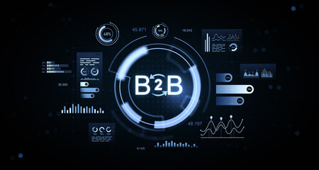 Fototapeta na wymiar Digital B2B interface with futuristic charts and data panels on dark tech background illustrating modern business analytics concept. 3D Rendering