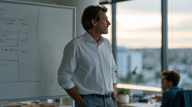 Senior knowledge management consultant standing at a whiteboard in a near-empty open office, enterprise taxonomy diagram half-drawn, a single junior analyst watching intently,
