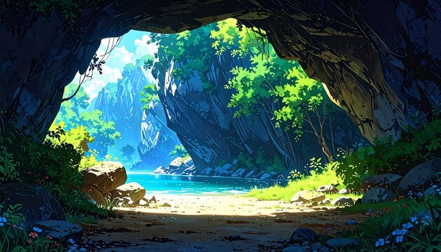 Anime Style Cave Entrance Opening to a Sunlit Tropical Valley