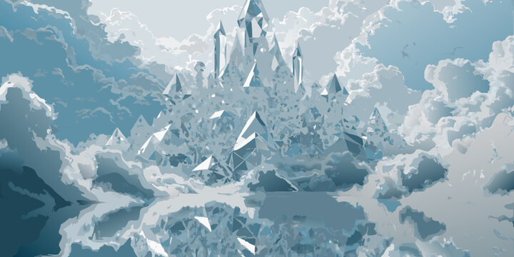 Abstract geometric ice castle with sharp crystal formations and a reflection on a frozen lake subzero temperature subzero weather subzero climate geometric reflection abstract landscape