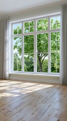 Fototapeta premium Spacious interior of a modern room featuring large windows with natural light, showcasing a view of green trees and a wooden floor