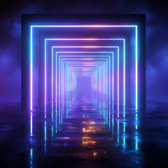 Obraz premium Neon tunnel with receding squares futuristic 3d rendering with reflections