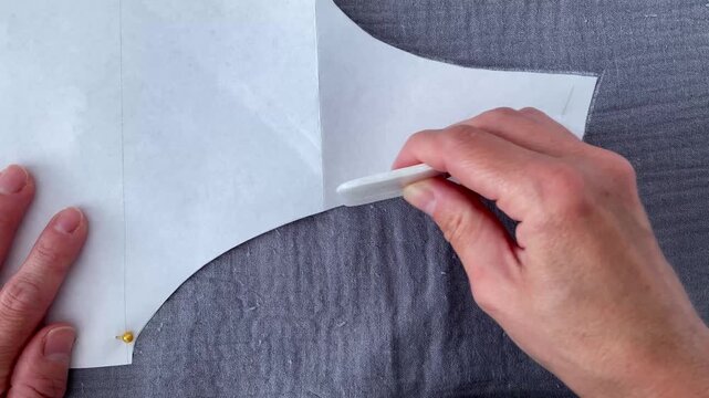 The woman circles the pattern with chalk. Close-up of women's hands preparing the fabric for cutting the details. Creation of unique clothes according to individual standards, home sewing