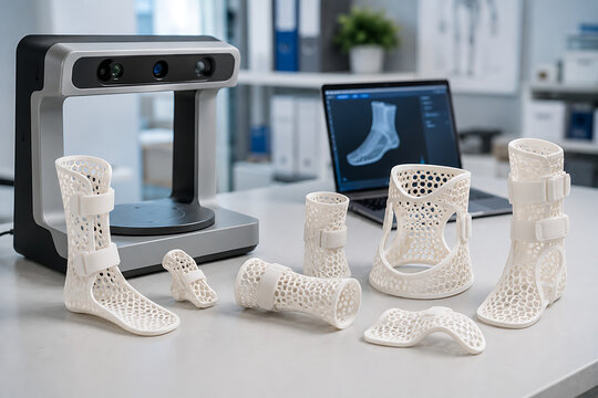 Collection of custom 3D printed orthopedic braces beside a medical 3D scanner in a digital orthotics laboratory