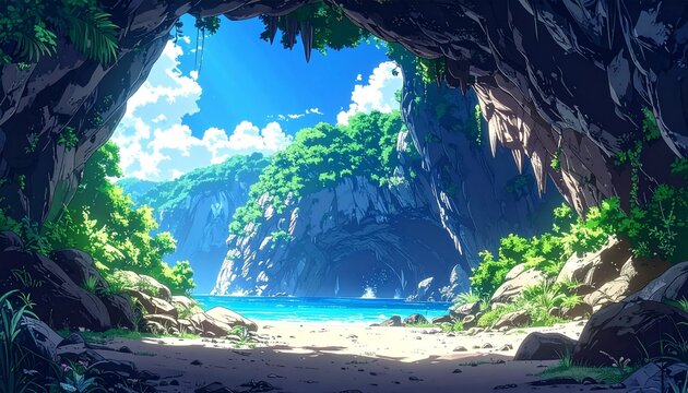 Anime Style Cave Entrance Opening to a Sunlit Tropical Valley