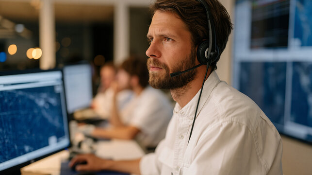 Satellite network operations supervisor monitors real-time global coverage map during solar interference event, team members at individual consoles managing signal rerouting