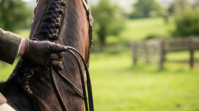 Close-up of a rider's hand in a brown leather glove holding black reins on a bay horse with a braided mane, set against a blurred green pasture and wooden fence in the background.