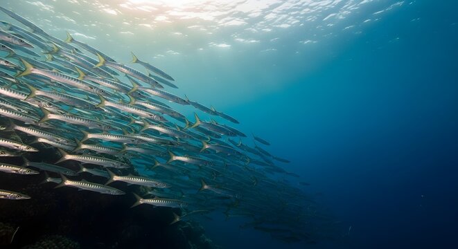 School of barracuda fish swimming in formation through clear blue tropical ocean water with bright sunlight rays filtering down from the surface ripples in the deep sea.