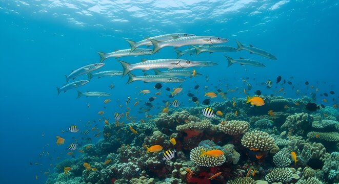 School of great barracuda swimming over a healthy coral reef with diverse tropical fish species including damselfish and sergeant majors in clear blue ocean water with sunlight.