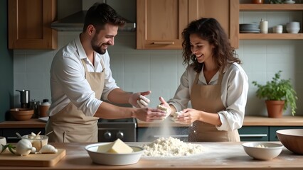 Fototapeta premium Couple cooking together in a small kitchen, flour in the air, joyful chaos