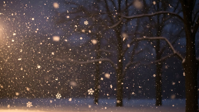 Atmospheric winter snowfall featuring delicate white snowflakes falling gently against a dark nocturnal background with soft magical bokeh lighting and chilly seasonal weather aesthetics.