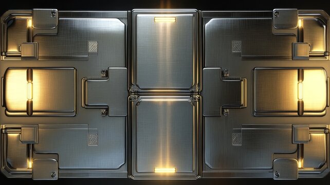 Futuristic metallic industrial panel surface with glowing gold light accents for sci fi tech backgrounds.
