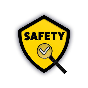 Safety shield icon with magnifying glass and check mark for verified safety symbol