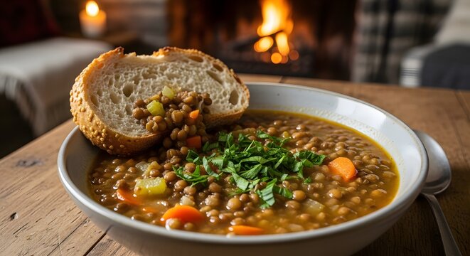 Hearty bowl of lentil soup with bread.
