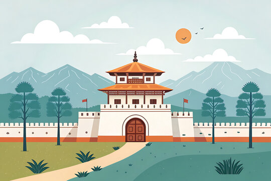 Kangla Fort, Imphal, modern vector illustration, limited color palette, heritage gateway and landscap