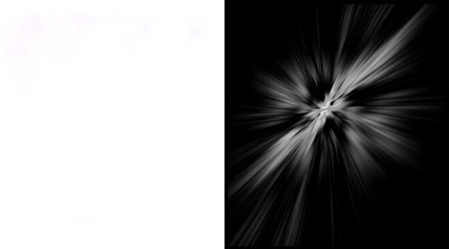 Abstract light burst with radial motion blur, monochrome explosion of white rays on black background, dynamic speed lines for cinematic overlays