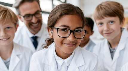 Fototapeta premium Group of diverse schoolchildren wearing white lab coats and glasses, smiling at the camera with a teacher in a modern classroom setting
