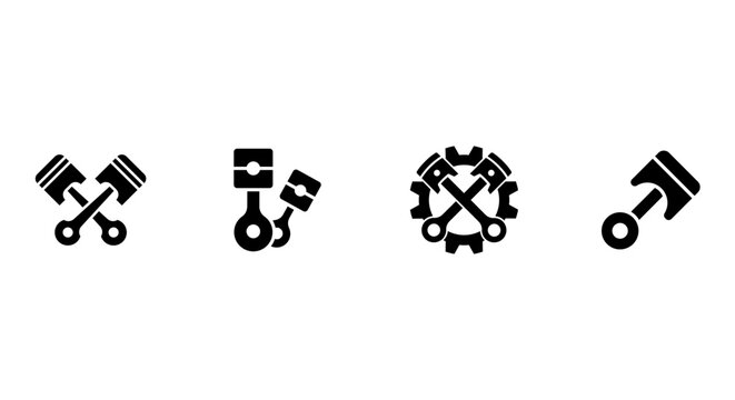 Collection of black silhouette engine piston icons with gear and crankshaft