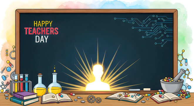 Happy teachers day chalkboard with science lab glassware and exploding colorful chemicals in classroom