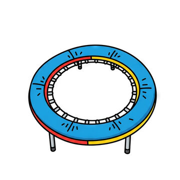 Cartoon trampoline illustration, a small round fitness rebounder with blue, red and yellow frame, isolated on white background