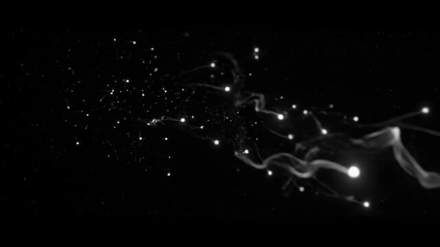 Abstract white glowing particles drifting and flowing serenely through dark space, resembling ethereal spirits or phantom entities drifting, modern, digital