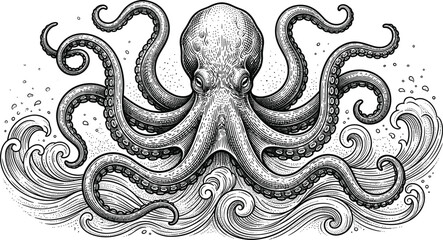 Vintage Octopus Kraken Monster Vector Illustration Featuring Giant Sea Creature with Detailed Tentacles and Ocean Waves for Nautical Emblem Tattoo Logo Designs © Shahanaj