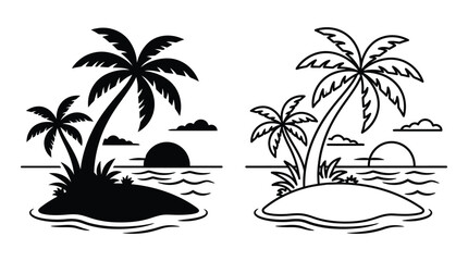 Obraz premium Tropical palm trees and island scene depicted as a black silhouette white