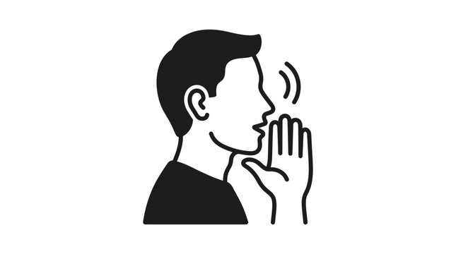 Man whispering into hand black and white silhouette telling secret communication conversation