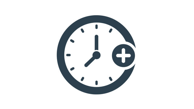 A dark blue clock icon with a plus sign in a circle beside it
