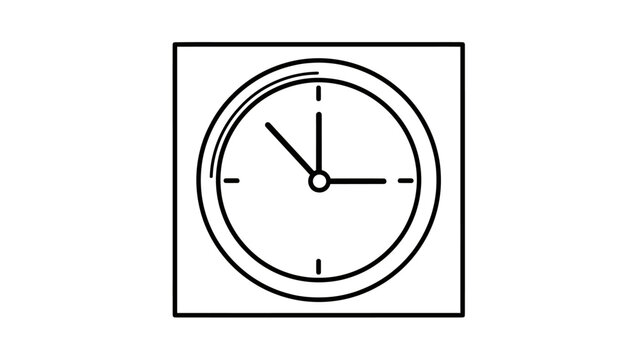 Simple line art of a square framed analog clock face with two hands