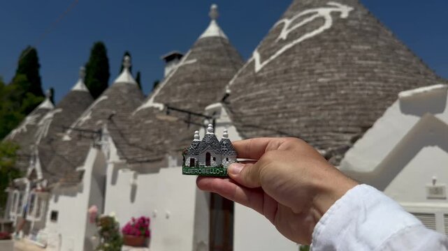 Close-Up of Hand Holding Alberobello Trullo Souvenir in Front of Traditional Trulli Houses in Puglia, Italy
