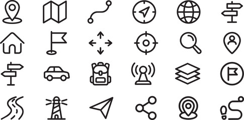 Fototapeta premium Vector Navigation, Map, and Location Line Icons Set for Travel and GPS Apps