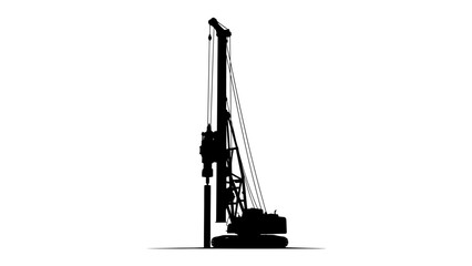 Pile Driver Silhouette: A stark black silhouette of a pile driver machine stands ready for construction work, its imposing structure captured against a clean, white backdrop. © Abu
