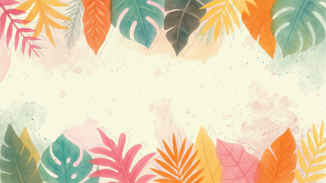 Colourful summer background with tropical watercolor summer leaf. Luxury style wallpaper with line art botanical leaves. Summer sale banner vector