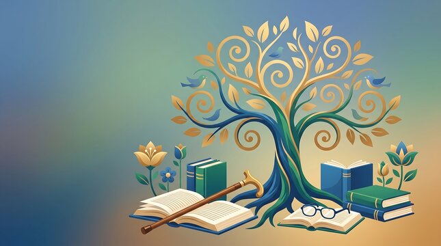 Stylized artistic tree of life illustration with books and reading accessories on a soft gradient background.