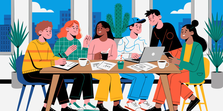 Group of diverse people having a meeting in a modern office with city view and cactus self aware self reflective self critical self analytical self evaluative self assessive self exploratory