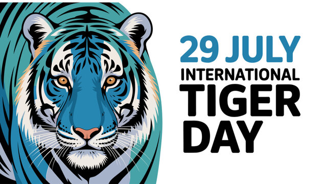 International Tiger Day festive banner with stylized blue and teal vector tiger face illustration on isolated white background