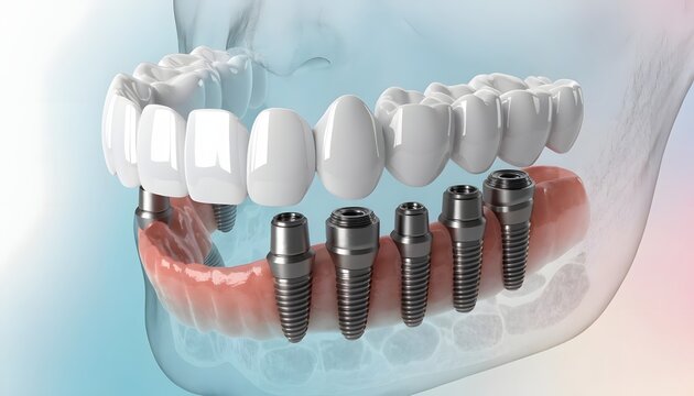Advanced dental bridge reconstruction on titanium prosthetic abutments. Oral rehabilitation and smile restoration. Full row of ceramic teeth fitting over surgical implant fixtures