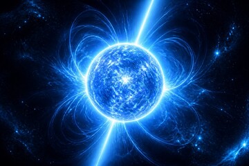 Obraz premium Blue neutron star emitting beams with magnetic field lines