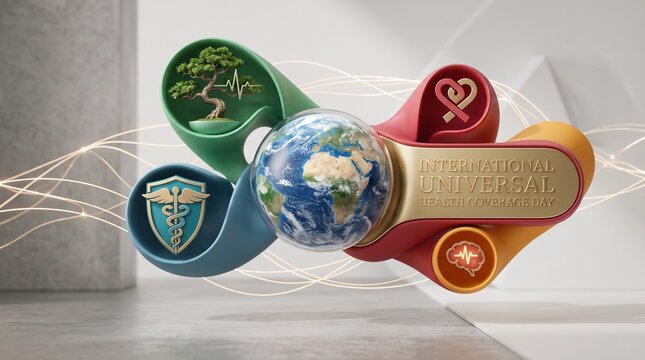 International universal health coverage day concept featuring a 3d earth globe surrounded by medical symbols and wellness icons in a modern studio setting