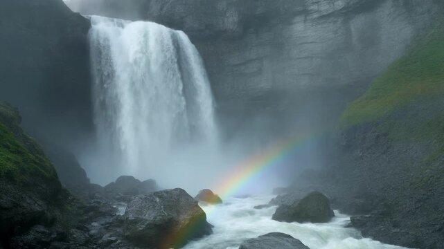 Misty waterfall with rainbow and rocky riverbed