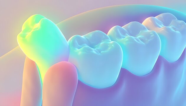 Impacted wisdom tooth growing sideways in a jaw. Oral surgery and third molar impaction concept. Colorful medical illustration of a misaligned tooth pushing molars
