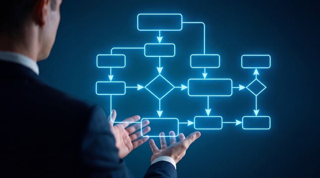 Businessman showing digital flowchart and business process algorithm futuristic interaction, Conceptual workflow chart and holographic glowing infographic in man hands